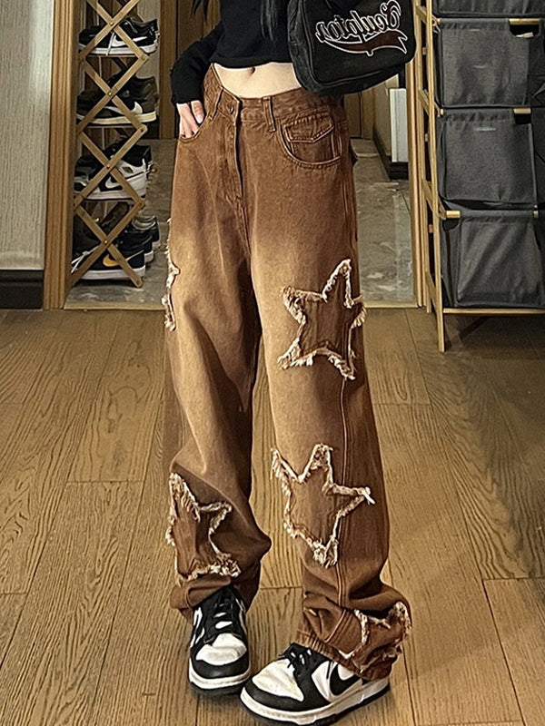 Vintage Wash Distressed Star Patch Boyfriend Jeans Maxct