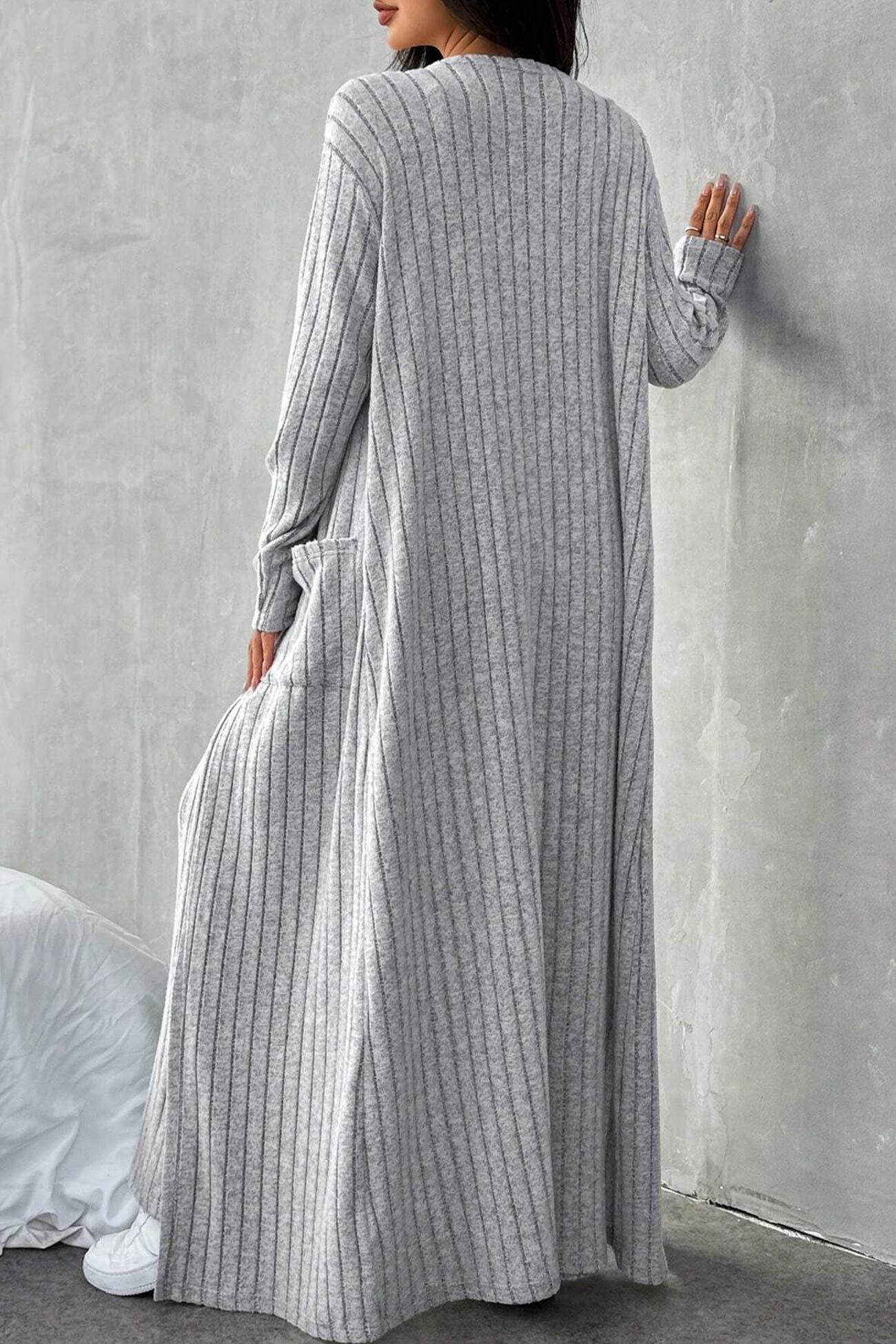 Maxct Grey Ribbed Knit Cardigan Three-piece Set