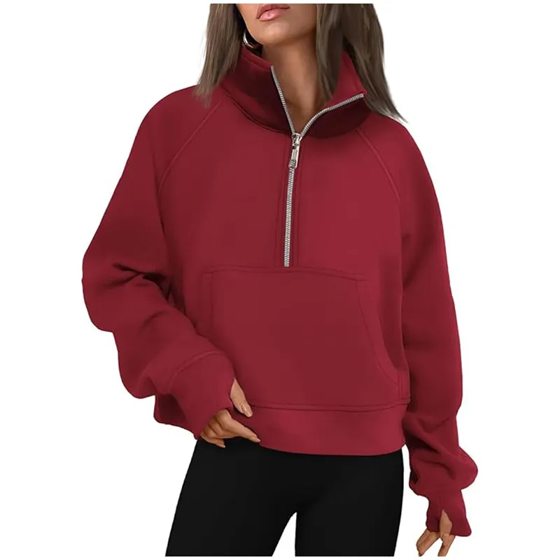 Casual Half Zipper Plush Hoodies Women Loose Solid Lapel Pockets Sweat Shirt Female Autumn Chic Warm Sports Yoga Outwear