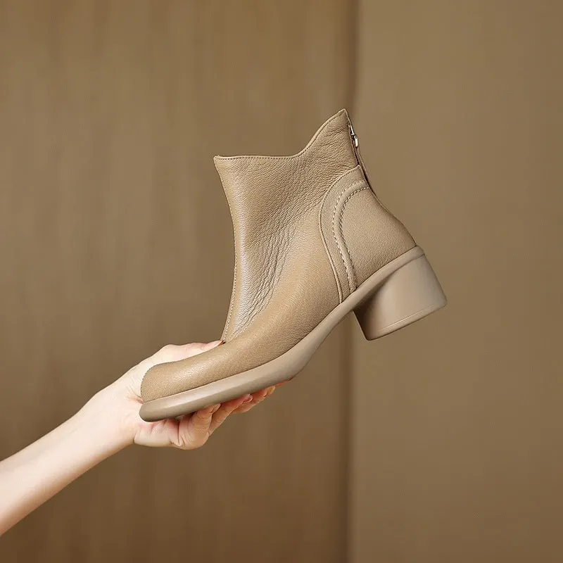 Retro Autumn Sheepskin Leather Soft Chunky Zipper Boots