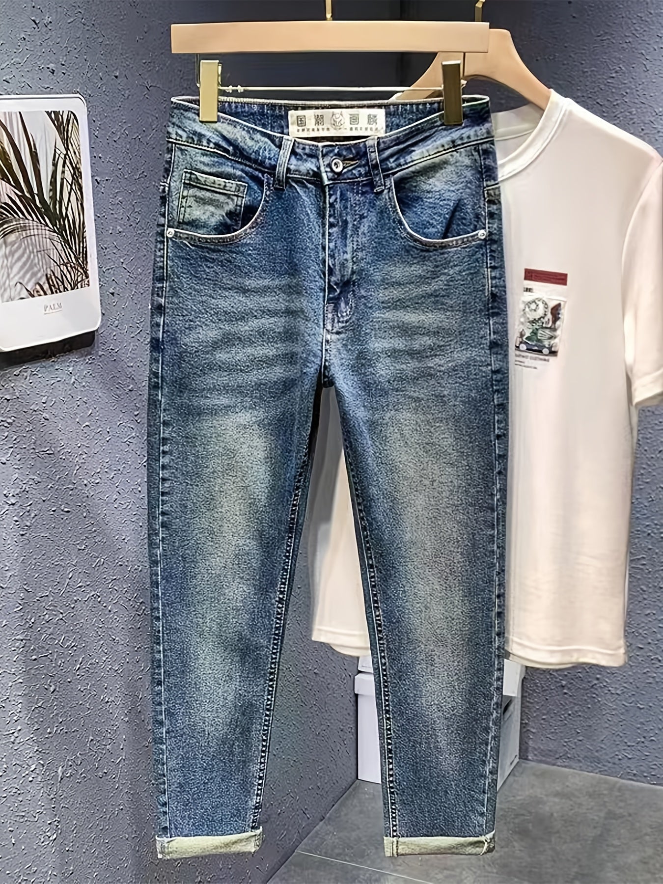 Maxct  Regular Retro Straight Leg Jeans, Men's Casual Street Style Stretch Distressed Denim Pants With Pockets