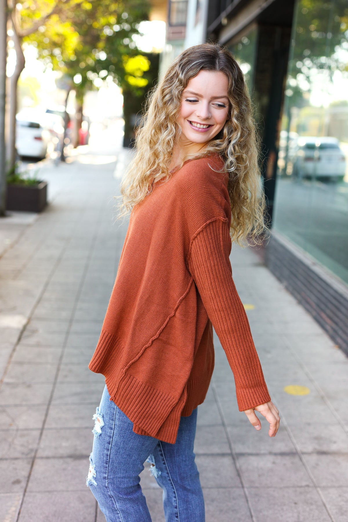 Maxct &Casual Chic Rust Oversized V Neck Rib Knit Sweater