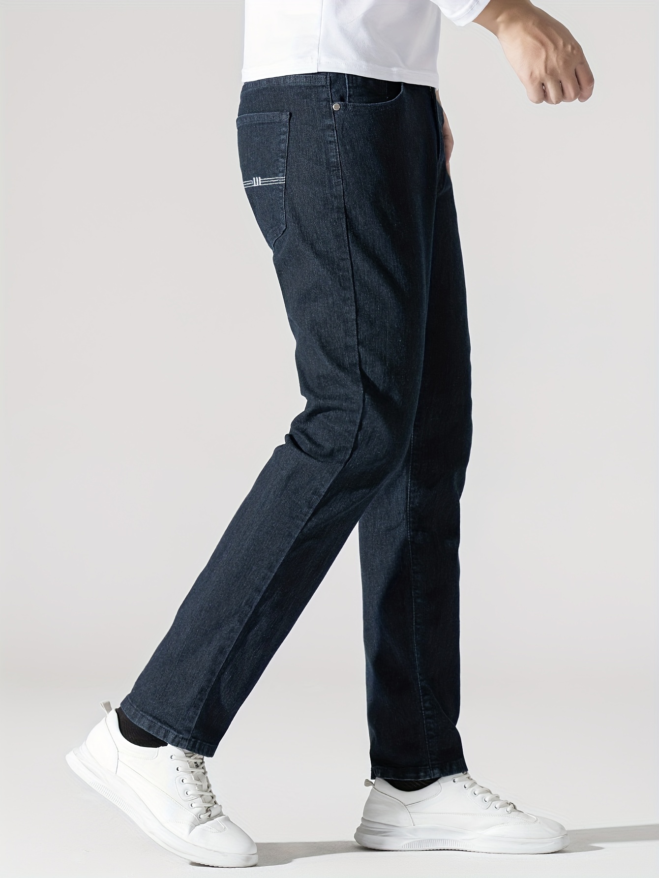 Men's High Stretch Jeans For Business, Slim Fit Denim Pants With Pockets For Spring Fall