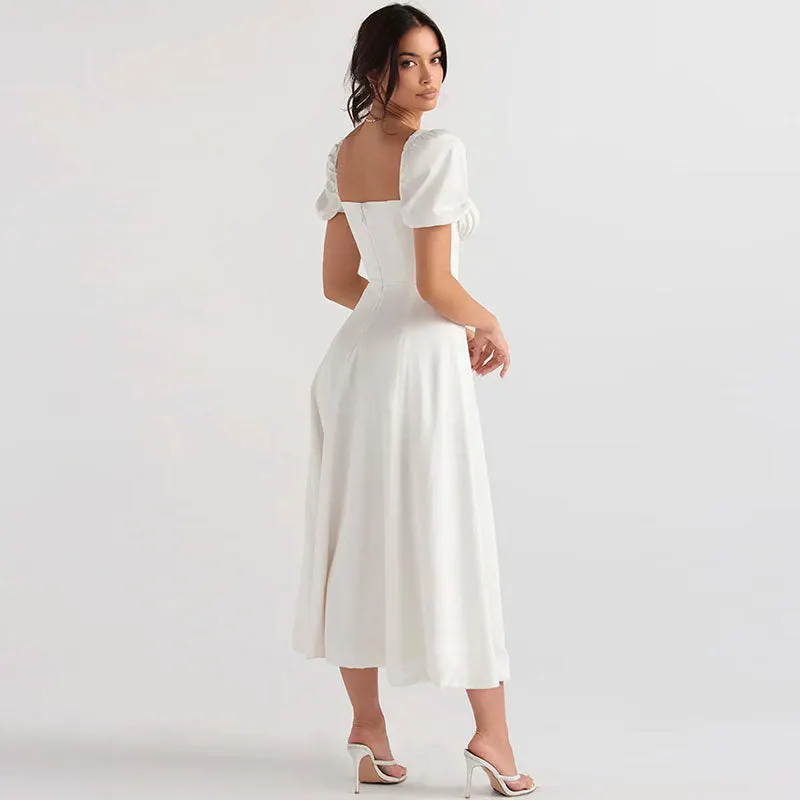 Puff Sleeve Tie Front High Split Off Shoulder Midi Sundress - White Maxct