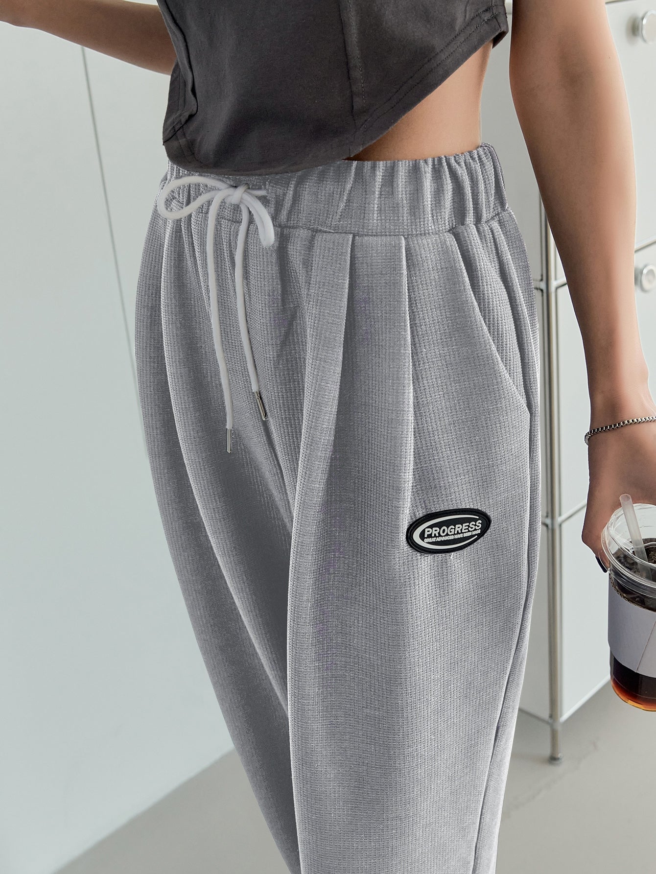 Maxct Letter Patch Drawstring Wide Leg Sweatpants