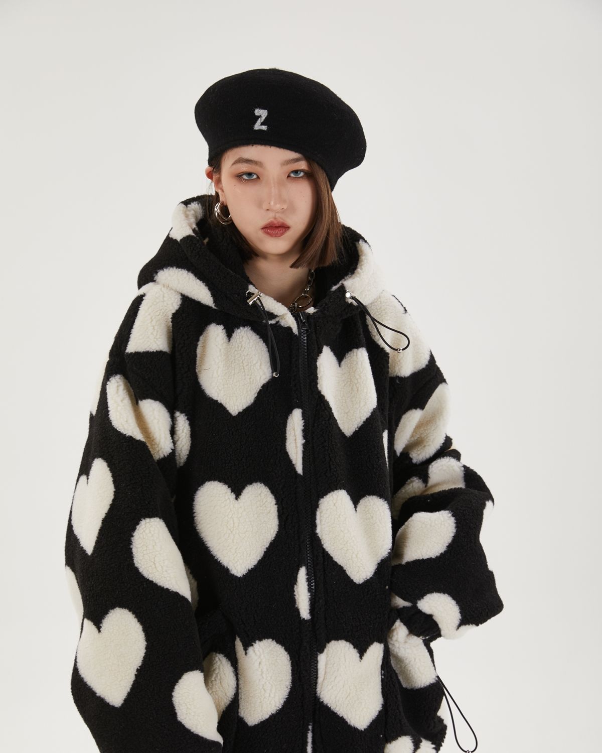 Student Hooded Cotton Women's Hearts Print Fur Jacket - true deals club