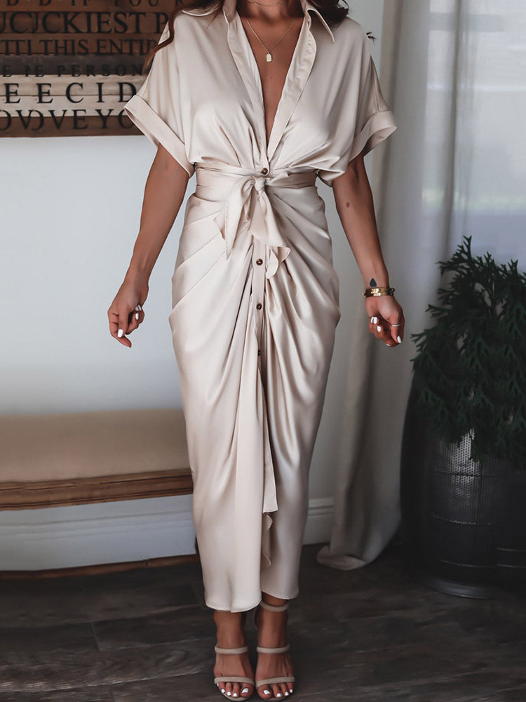 Satin Pleated Bandage Shirt Dress Maxct