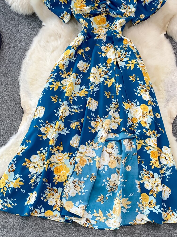 Vintage Women Printed Dresss Sexy Square Collar Short Puff Sleeve High Waist A-Line Vacation Beach Vestidos Female New