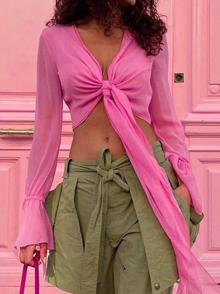 Maxct Cropped Lace Up Mesh Long Sleeve Blouse