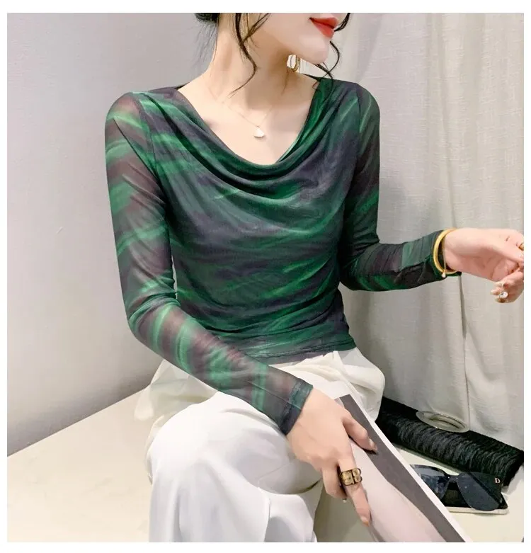 Maxct Spring Summer Double-Layer Mesh Top Long Sleeve Printing T-shirt Woman Slim Fitting Tee For Female