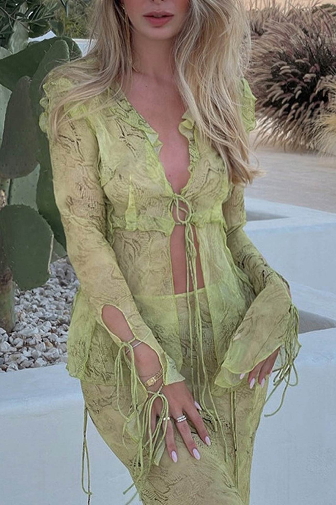 Maxct Mesh Printed Strappy Cardigan Skirt Suits