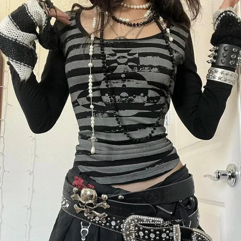Maxct Vintage Graphic Print Patchwork Long Sleeve Tees Harajuku Fake Two-Piece T-Shirts Korean Gothic Grunge Loose Tops Streetwear