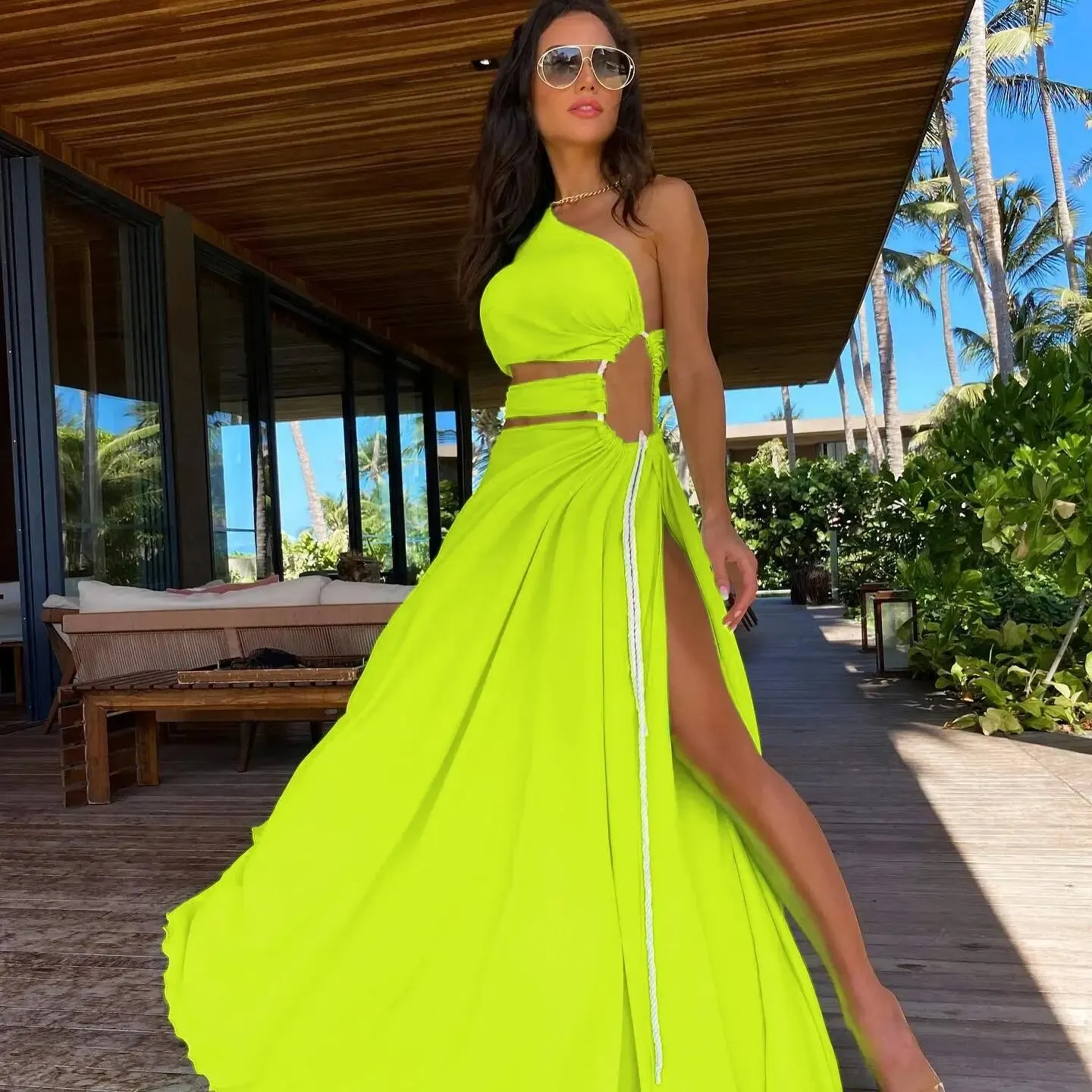 Maxct Fashion One Shoulder Green Long Dress Women Hollow Out Bodycon Summer Beach Dresses Side Split Wedding Party Vestidos Mujer