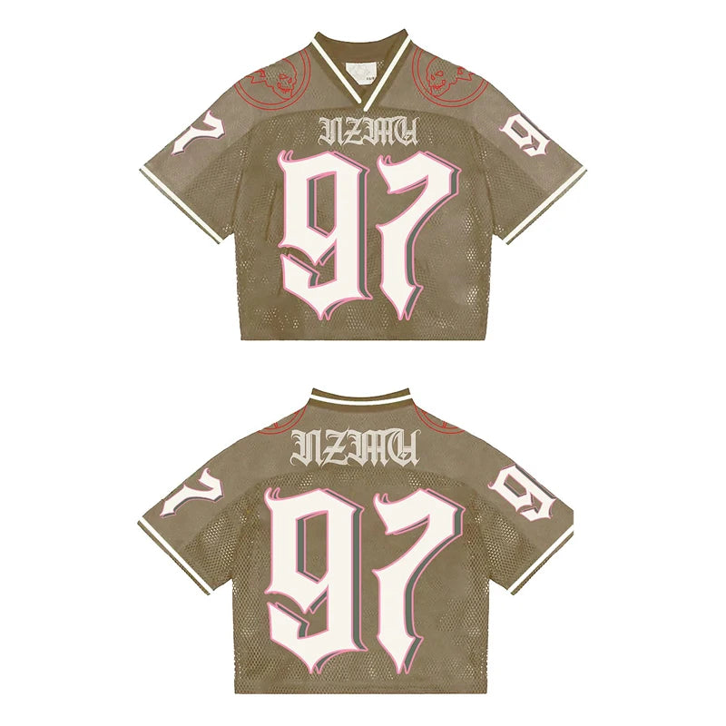 Maxct 90s Streetwear Y2K Street Jersey Mesh Breathable Sportswear Men Retro Trendy Hip Hop Summer Football Training Uniform Oversized Unisex T Shirt 1017
