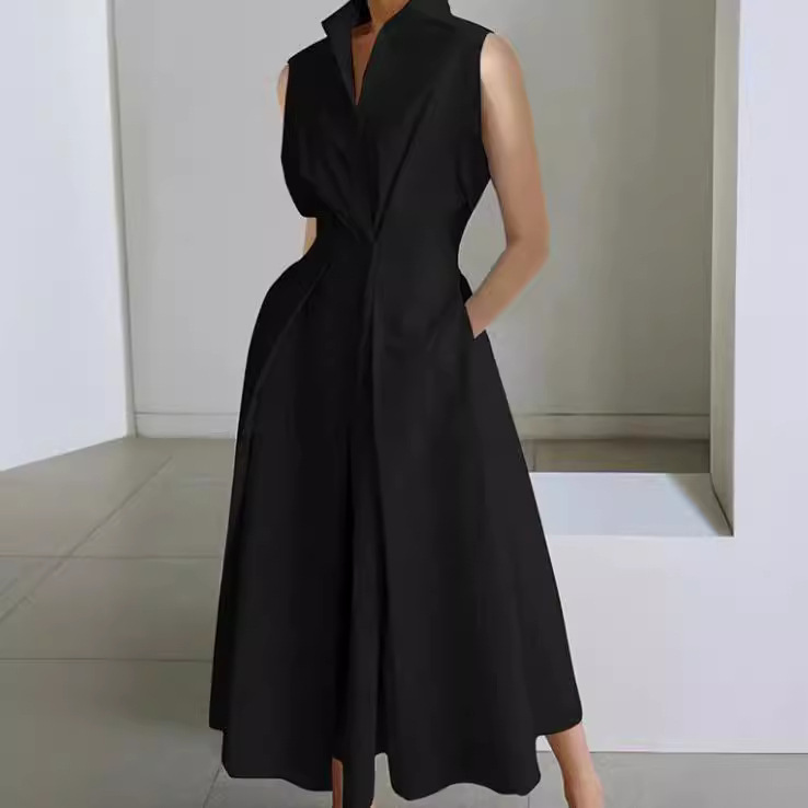 Maxct Dress 2024 Summer New Commuter Fashion Solid Color V-neck Women's Button Swing Dress
