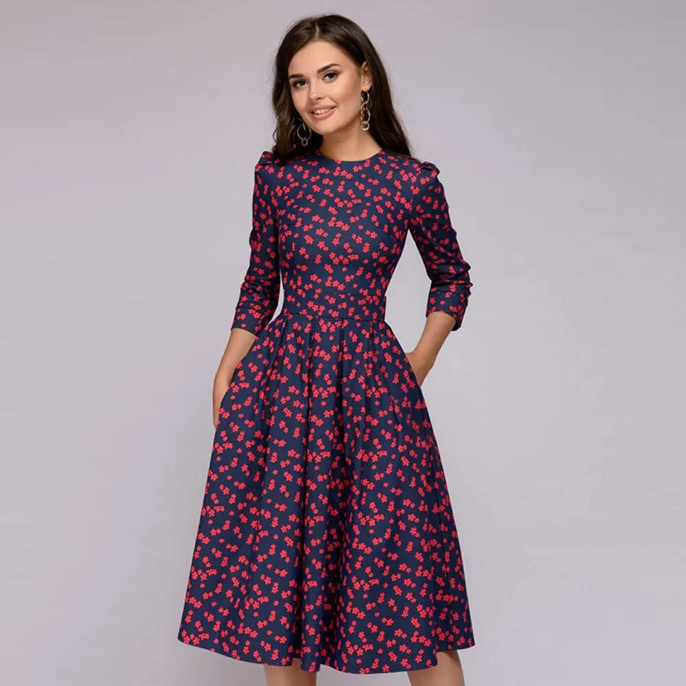 pleated tunic print dress women Elegant ladies A line dresses Long sleeve female autumn mixi party dress vestidos