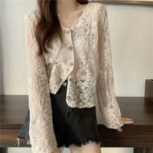 Maxct See Through Shirt Women Lace Blouse Summer Sun-Proof Sweet Sheer Tops Preppy V-Neck Casual Trendy Harajuku Basic Korean Blouse