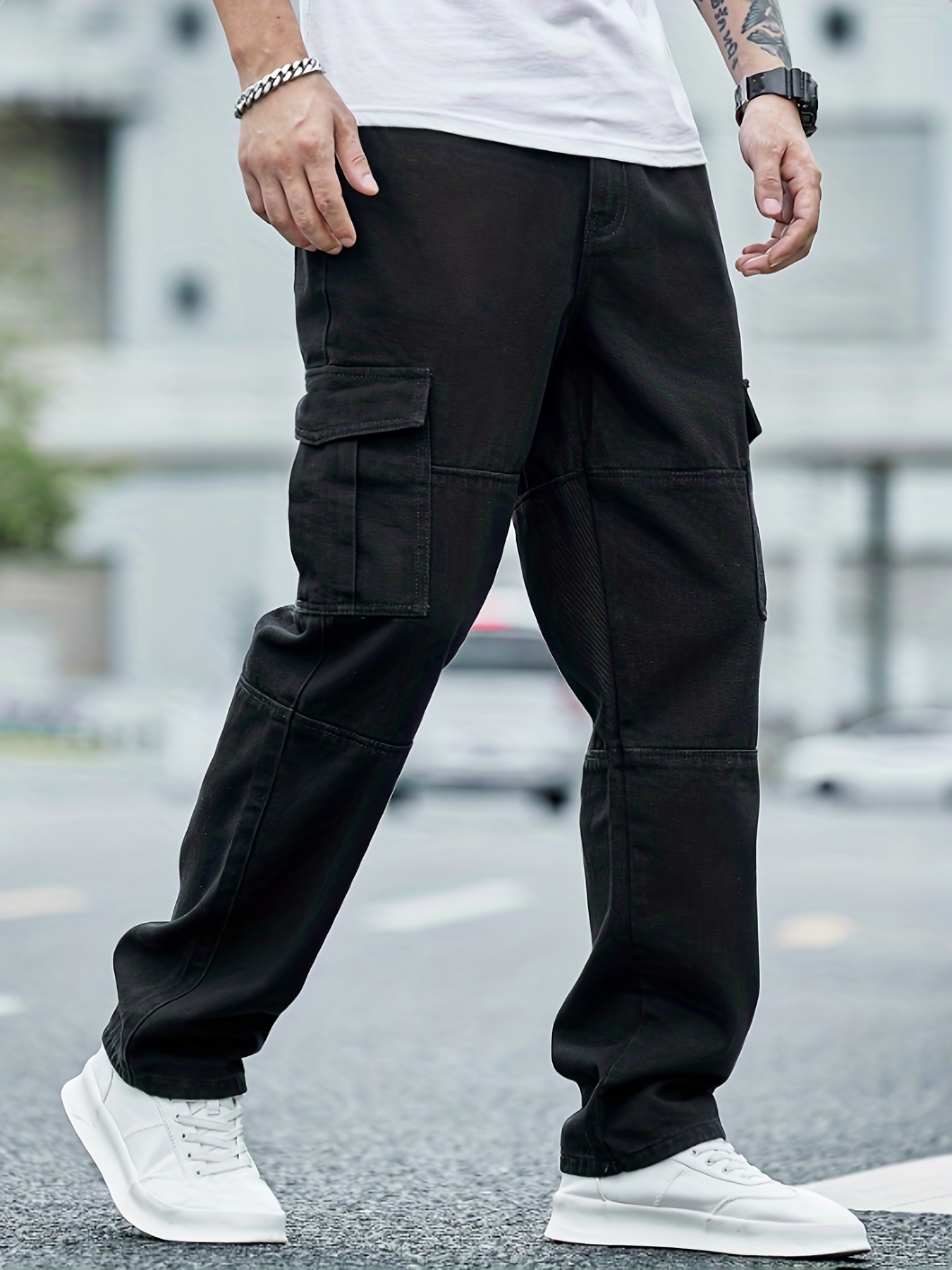Loose Fit Flap Pocket Jeans, Men's Casual Street Style Denim Pants For All Seasons