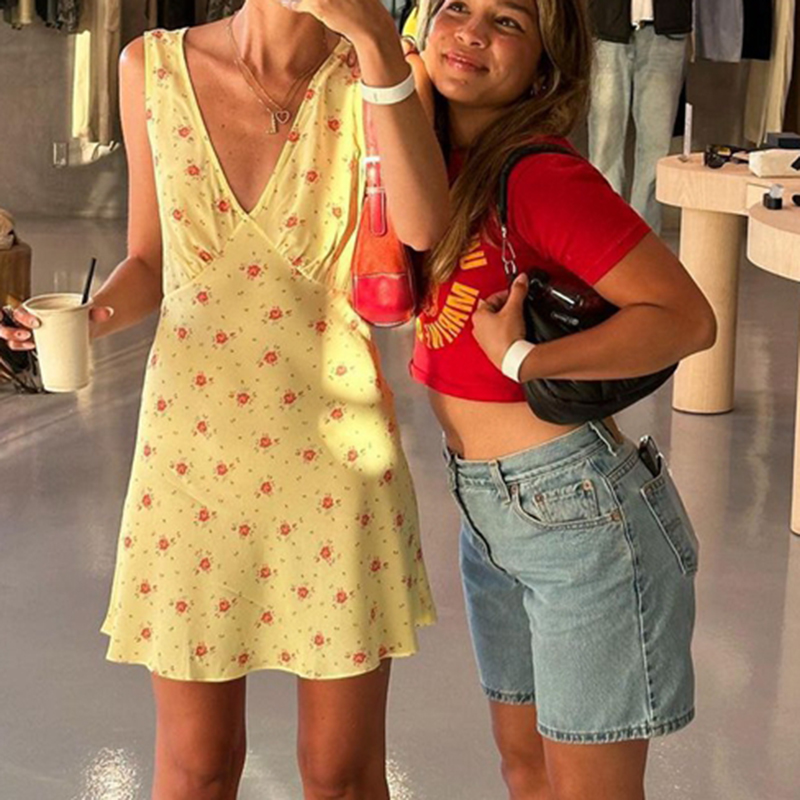 French Style Chic Elegant Floral Print Mini Dress Summer V-Neck Sleeveless Backless Tie-up Slim Fit A-line Dress Women Holiday