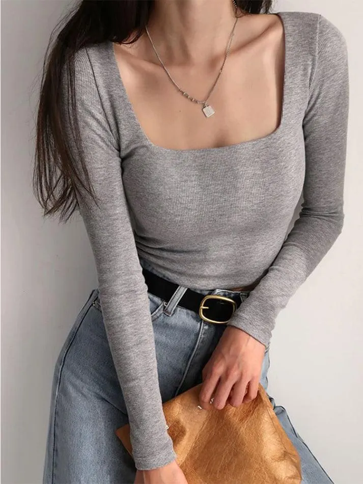 Maxct-Long-Sleeve Square Neck Plain Cropped T-Shirt