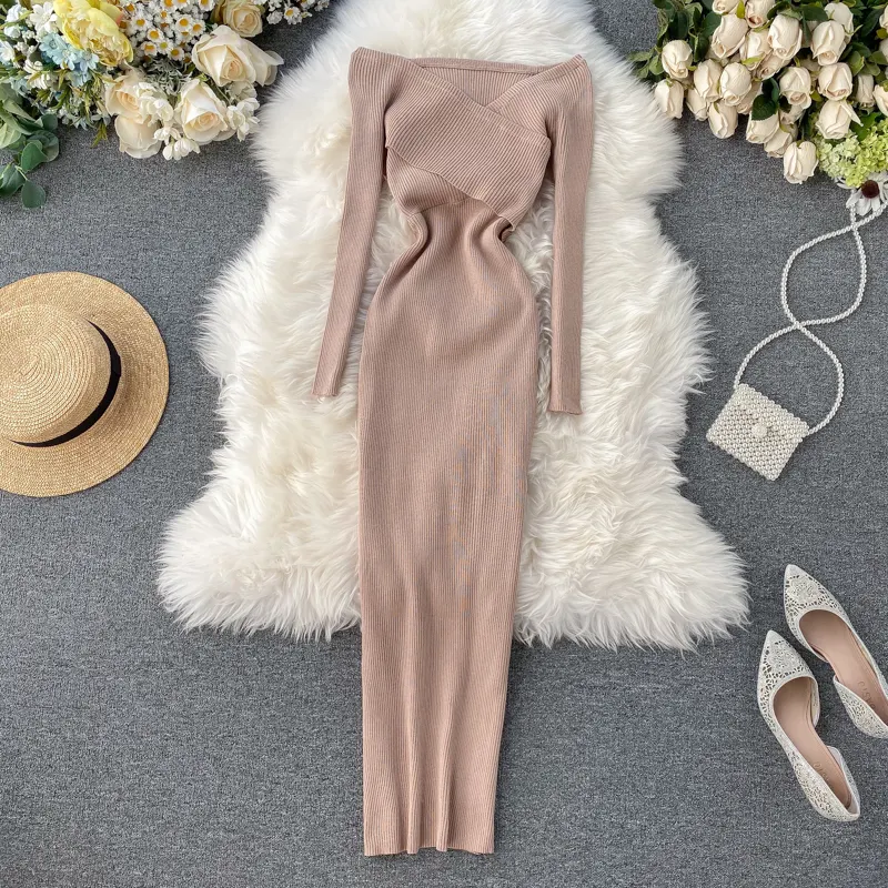 Maxct Slash Neck Knitted Dress Women Sexy Off Shoulder Cross Elastic Warm Dress Autumn Winter Fashion Sweater Bodycon Dress