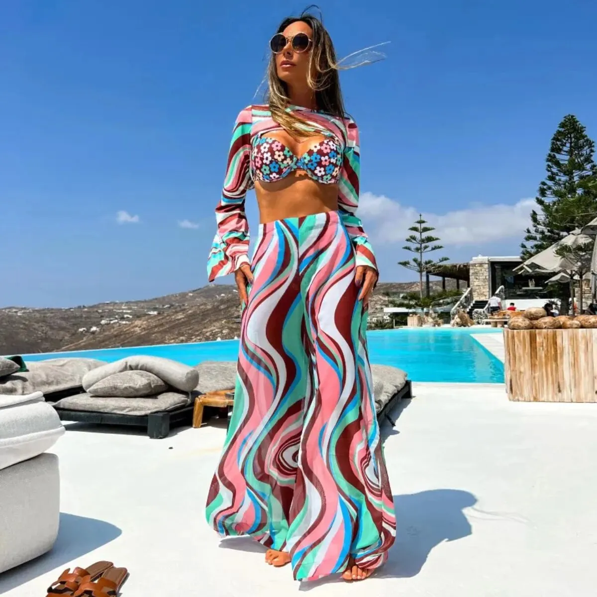 Maxct Black Sexy Women Two Piece Pant Set Tie Flowers Strapless Top Tassel High Split Pants Suit Beach Vacation Female Clothing