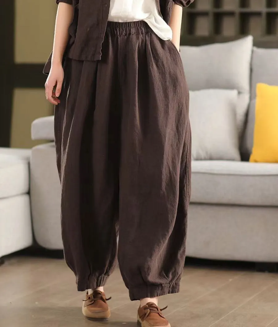 Ladies Spring Loose Vintage Washed Solid Linen Harem Pants