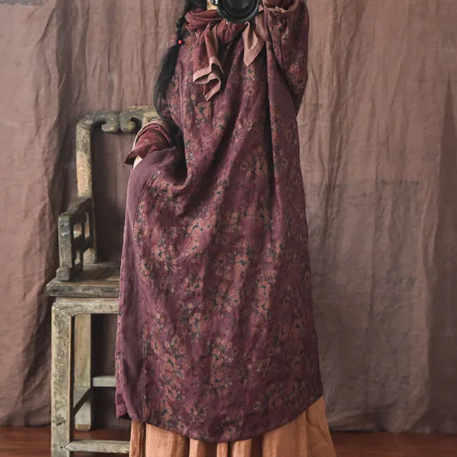 Vintage Distressed Floral Printed Mid-Length Linen Dress