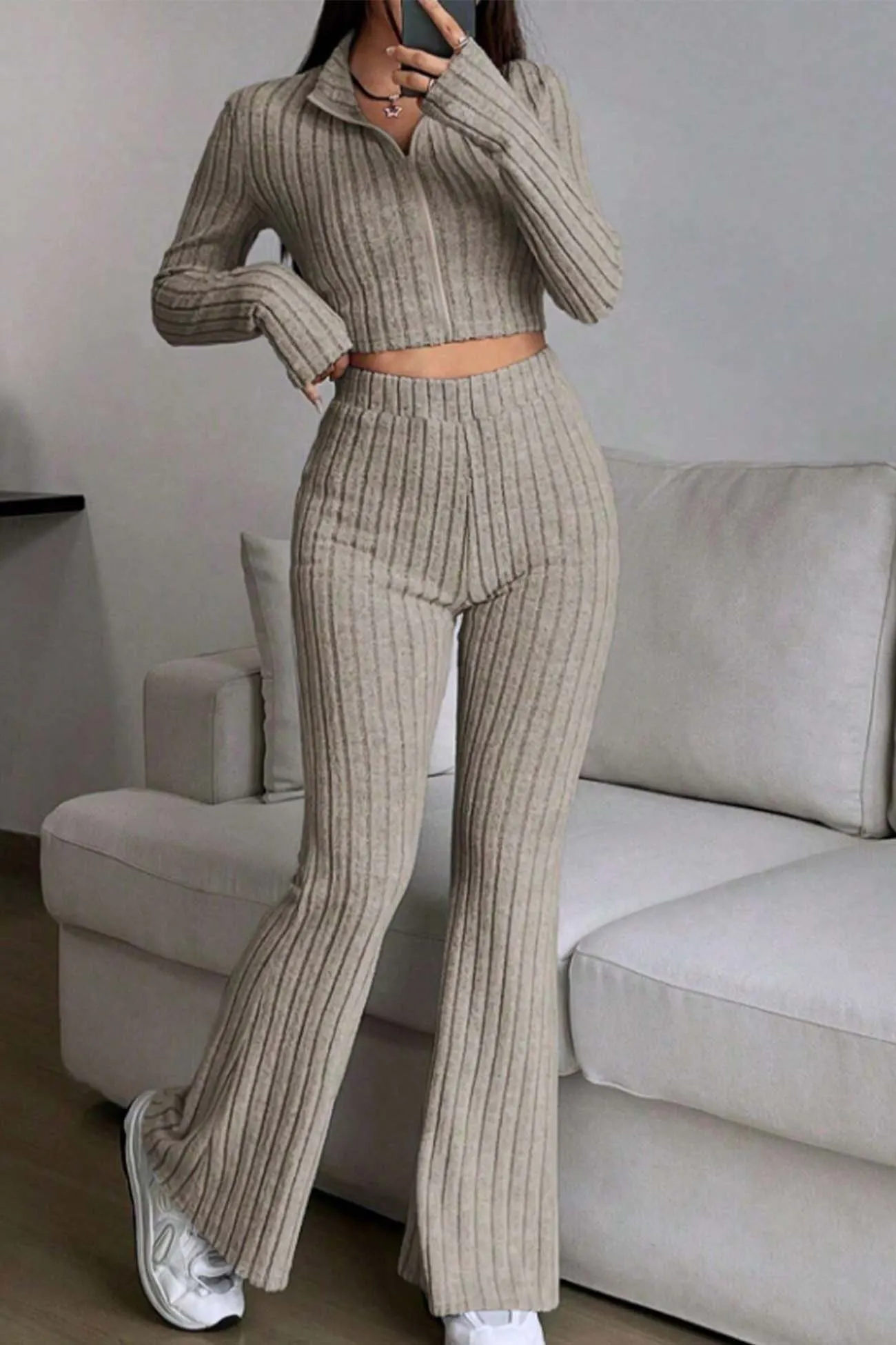 Maxct Zip Long Sleeve Ribbed Flared Pants Set