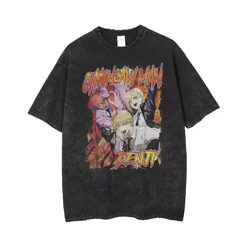 Maxct Anime Chainsaw Man Acid Tshirt Retro Vintage Washed Printed Graphic T Shirt Men Harajuku Cotton Casual Short Sleeve Tshirt Tops