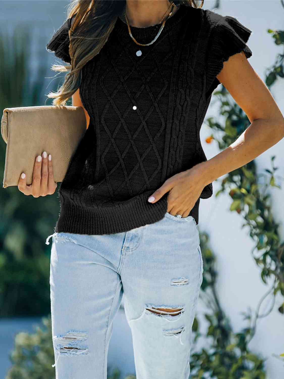 Maxct &Round Neck Cap Sleeve Sweater