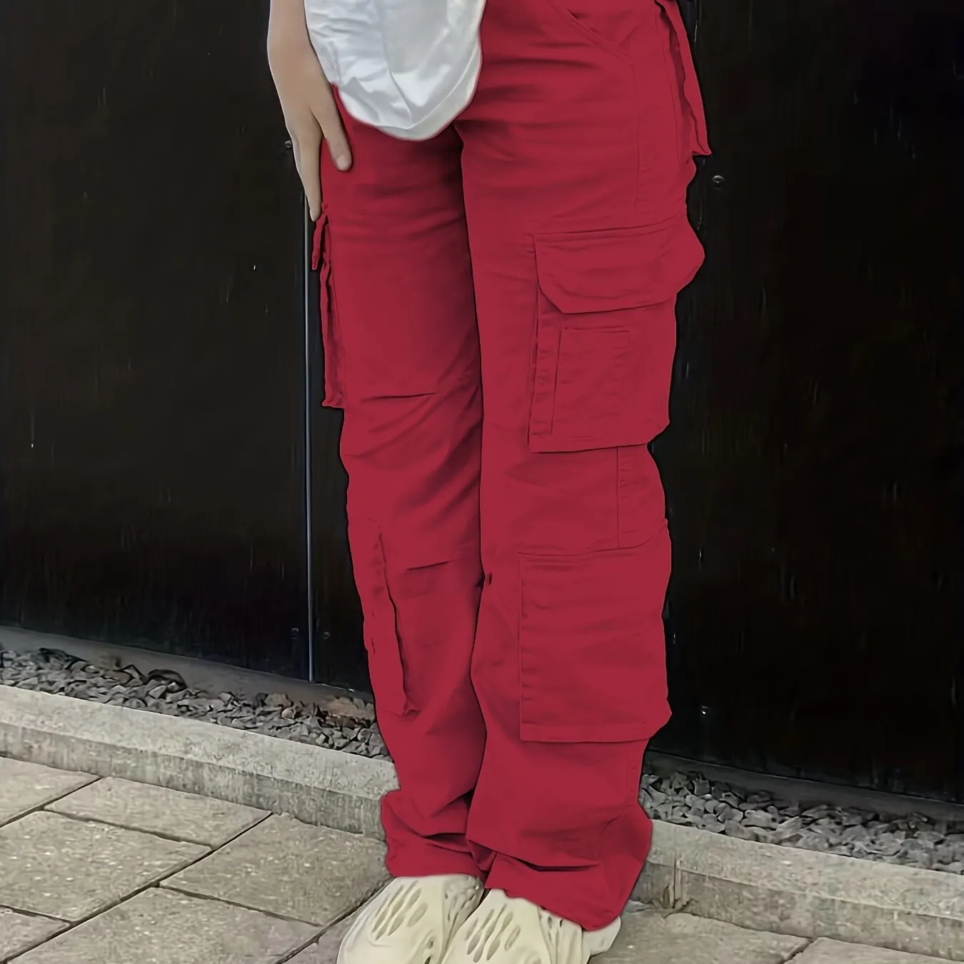 Maxct Plain High Rise Cargo Denim Pants, Loose Solid Color Retro Cargo Jeans, Street Casual Style, Women's Denim Jeans & Clothing