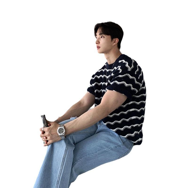 Maxct 90s Streetwear Men's T-shirt Short-sleeved Summer Trendy Brand High-grade Sense Heavy Industry Hollow Knitted Sweater Jacquard Wave Striped T-shirt Top