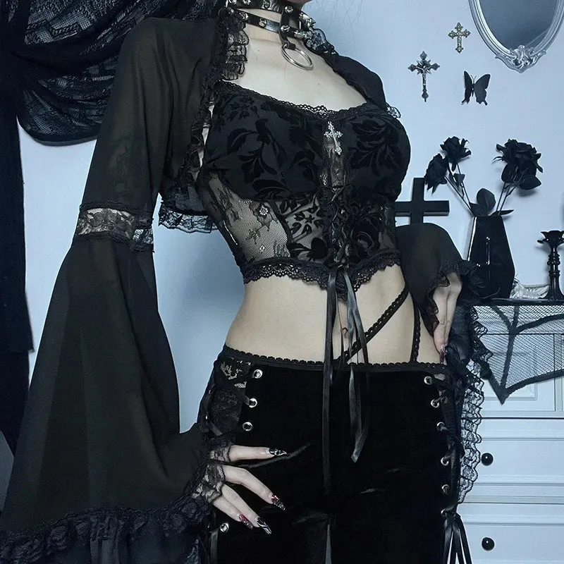 Maxct Women's Gothic Tops Dark Lace Lace Flared Sleeve Blouse Tops Street Sexy Slim Gauze Jacket
