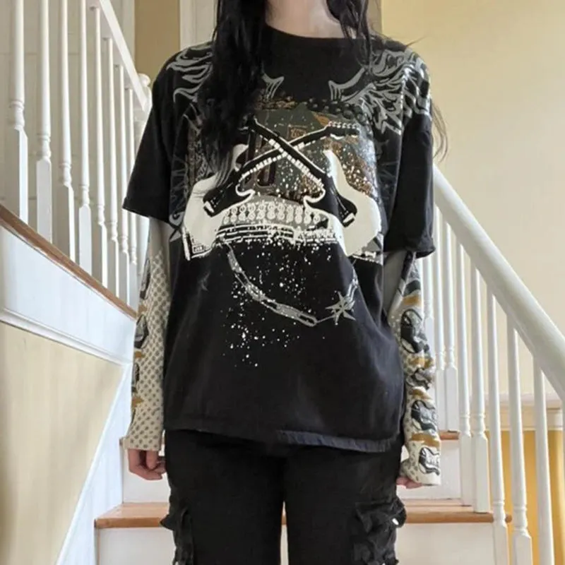 Maxct Cross Print T-shirt Women Y2K Cyber Grunge 00s Retro Harajuku Patchwork Long Sleeve Tee Gothic Mall Goth Sweats Tops