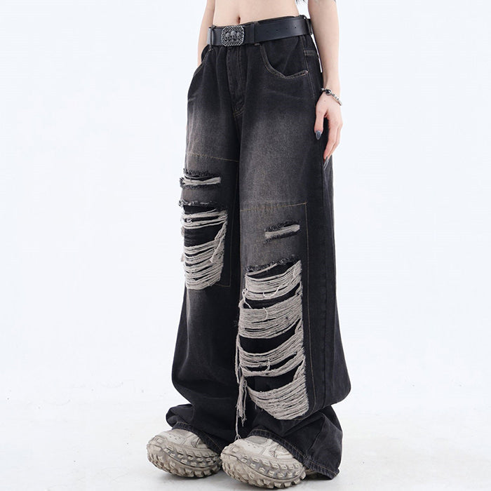 Grunge Aesthetic Ripped Wide Jeans Maxct