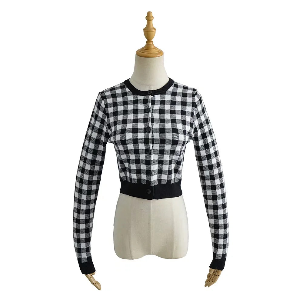 Maxct Checkered Button Front Knit Crop Cardigan
