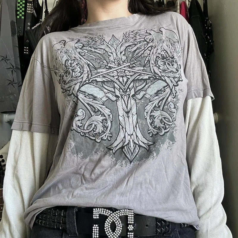 Maxct Cross Print T-shirt Women Y2K Cyber Grunge 00s Retro Harajuku Patchwork Long Sleeve Tee Gothic Mall Goth Sweats Tops