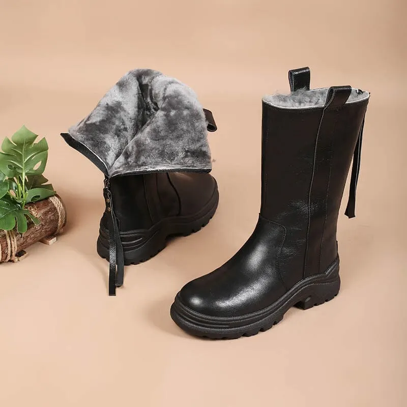 Womens Shearling Lined Snow Boots for Cold Winter Retro Mid Calf Boots Maxct