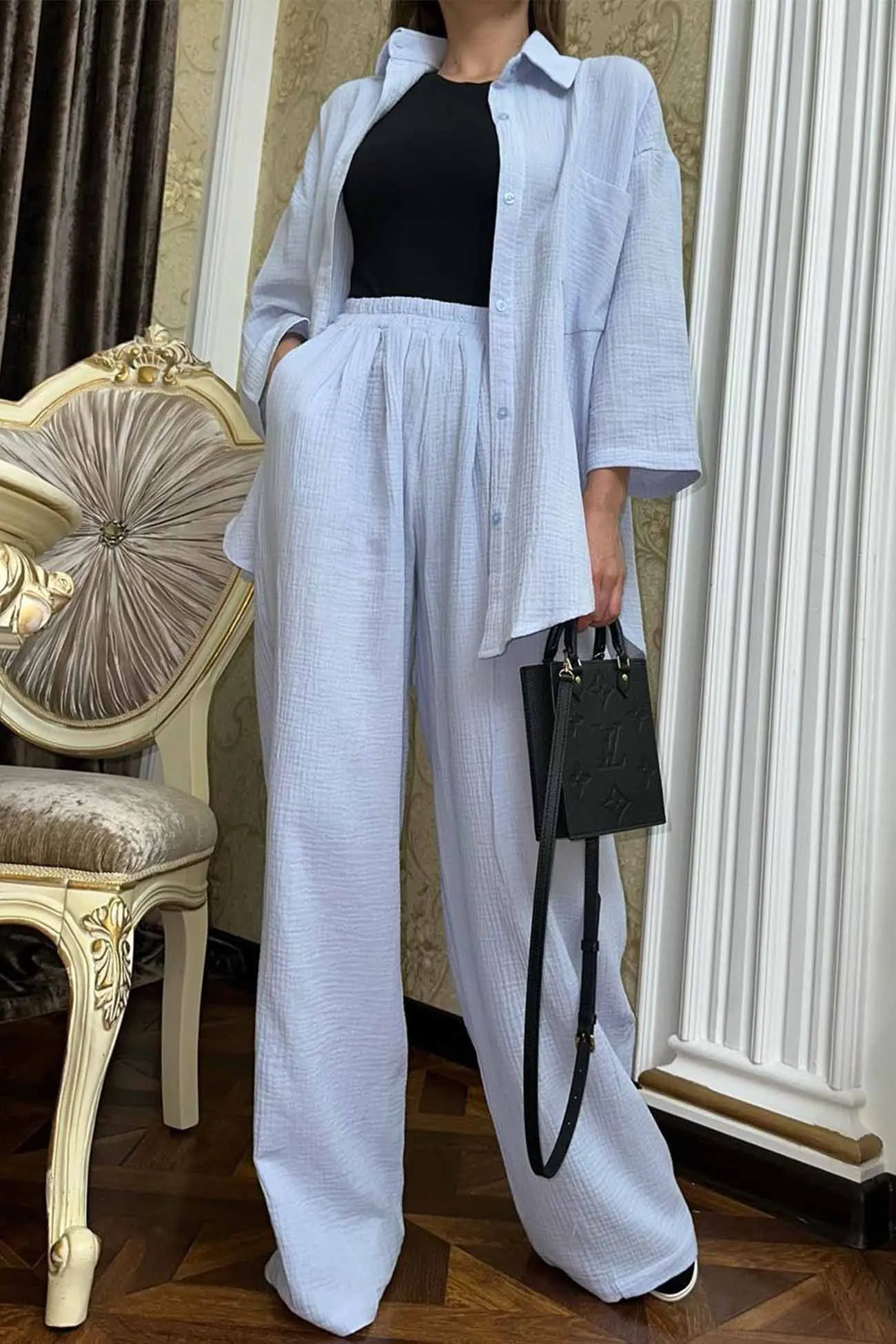 Maxct Button Belt Wide Leg Pants Two-piece Set