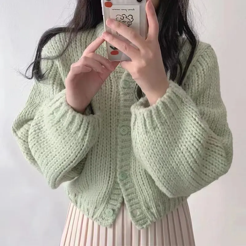 Maxct Round Neck Lantern Sleeve Knitted Cardigan