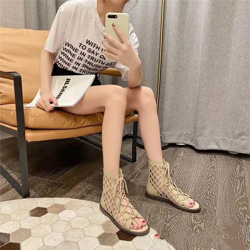 Strappy Sandals Boots Open Toe Back Zipper Flat Gladiator Sandals Maxct