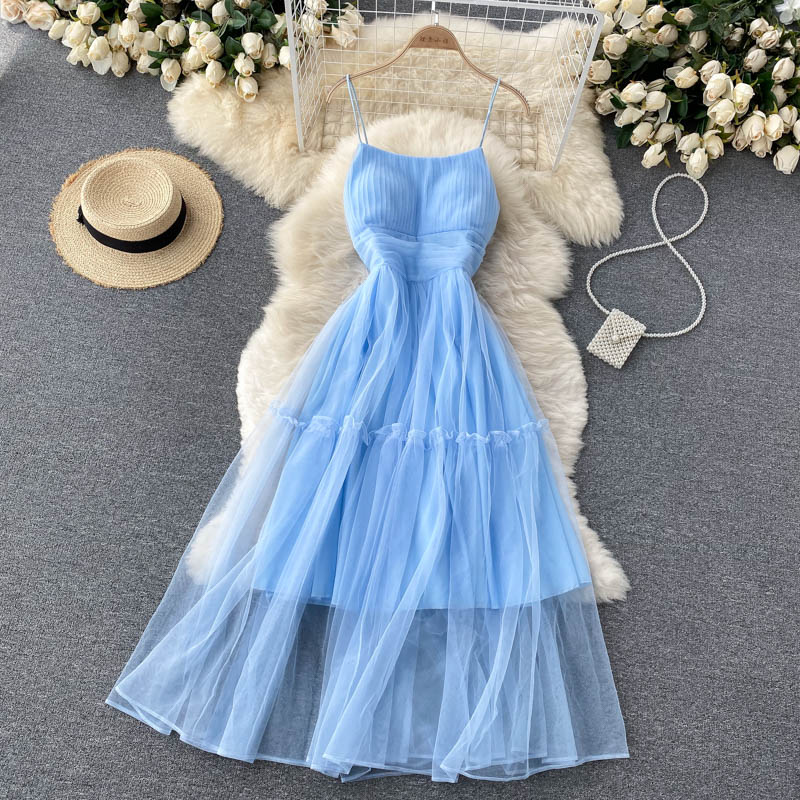 Women's Sexy Mesh Spaghetti Strap Long Dress Summer Orange/Purple/Blue/Pink Ruffle A-Line Beach Robe Female Elegant Party Vestidos