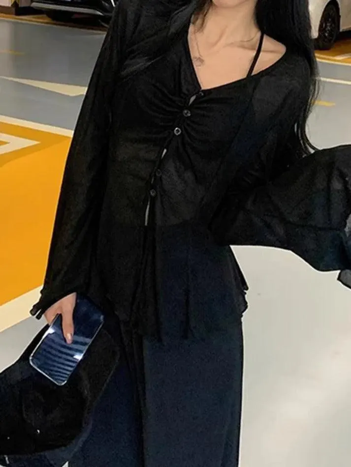Maxct V Neck Split Flare Sleeve Long Sleeve Blouse