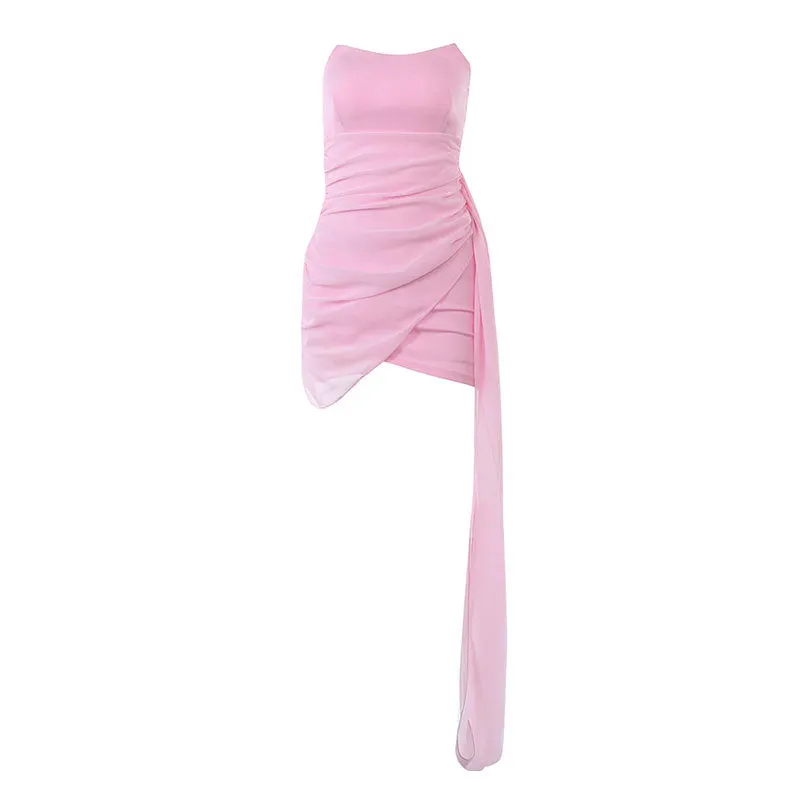 Solid Color Ruched Wrap Trim Strapless Bodycon Party Mini Dress - Pink Maxct