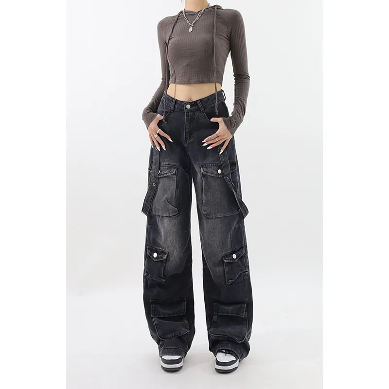 Y2K Emo Korean Vintage Streetwear Black Cargo Baggy Jeans for Women - true deals club