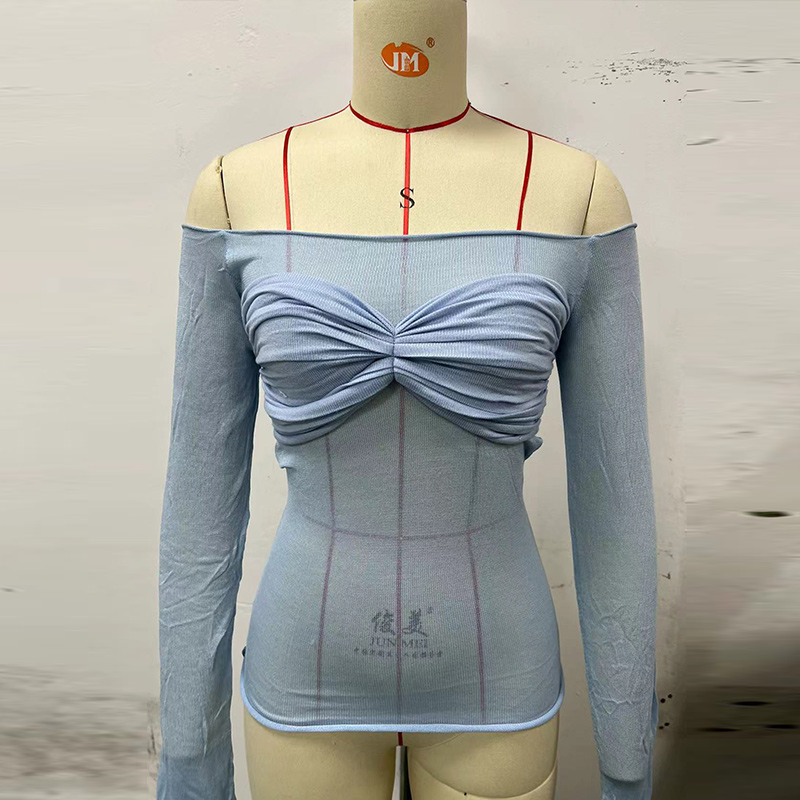 Maxct Sexy Transparent Off Shoulder Shirts Women Slim Fit Solid Perspective Thin T-Shirt Female Autumn Chic Elegant Daily Tops