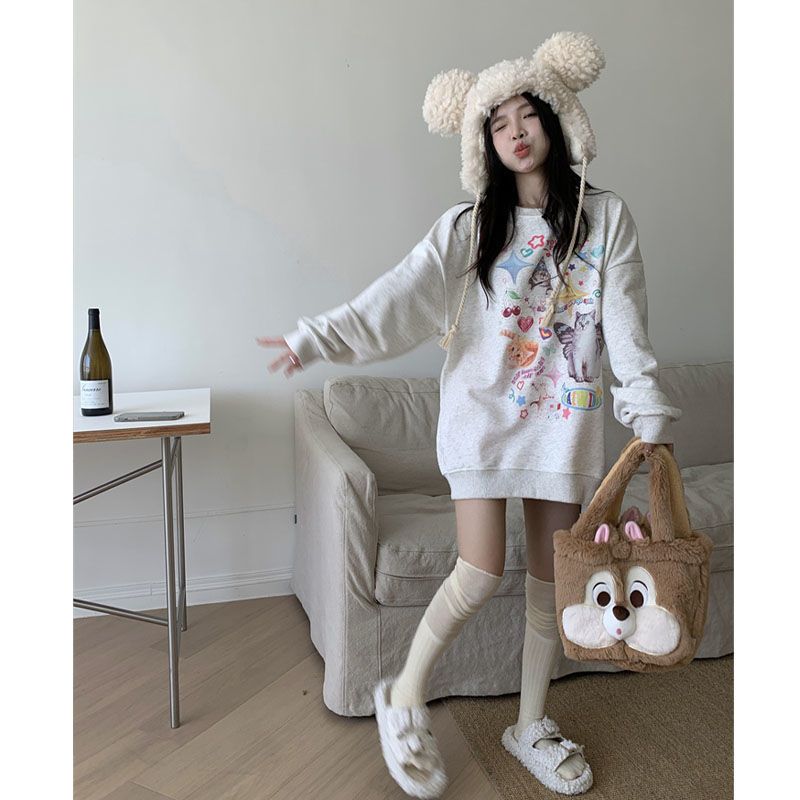 Kawaii Cat Print Hoodie Women Cutecore Long Sleeve Sweatshirt American Retro E-girl Kitten Angel Graphic Alt Clothes Y2k