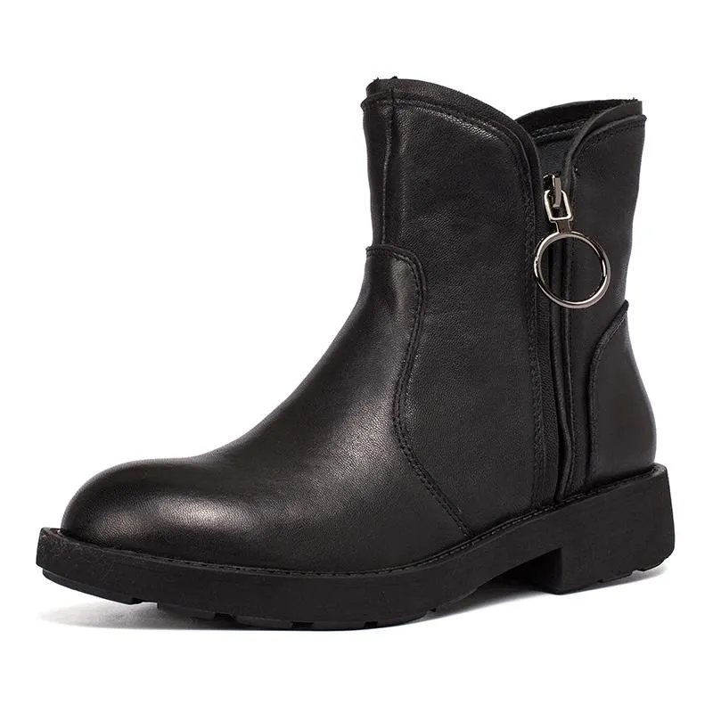 Waxing Sheepskin Short Boots Designer Retro Chunky Ankle Boots Dark Coffee/Black Maxct
