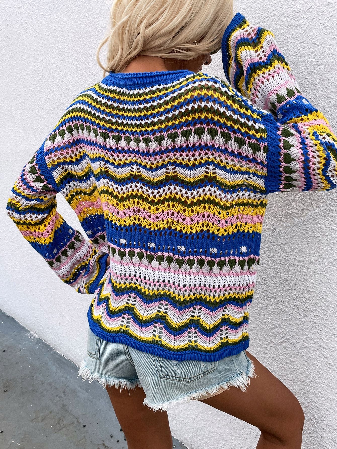 Maxct &Rainbow Stripe Openwork Flare Sleeve Knit Top